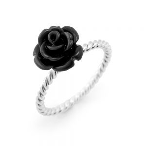 925 Sterling Silver Resin Black Rose Flower Vintage Ball Beaded Ring