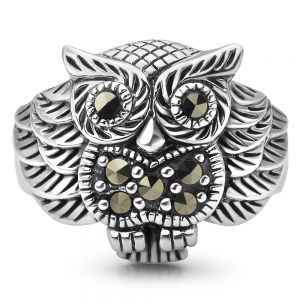 SUVANI 925 Oxidized Sterling Silver Owl Bird Marcasite Band Ring Women Jewelry Size 6, 7, 8