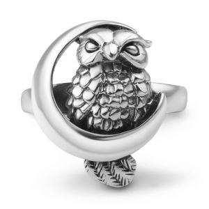 925 Oxidized Sterling Silver Owl Bird on Crescent Moon Band Ring Jewelry Size 6, 7, 8