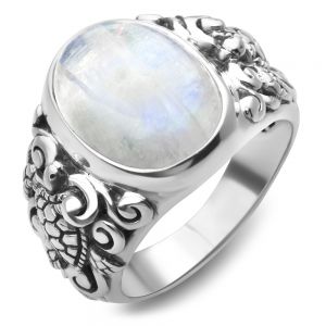 925 Sterling Silver Natural Moonstone Gemstone Filigree Sea Turtle Band Ring Size 6