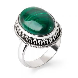 SUVANI Sterling Silver Natural Green Malachite Gemstone Cabochon Oval Shaped Band Ring Size 6 7 8 9