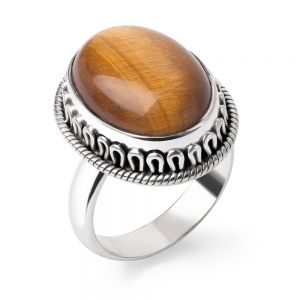 SUVANI Sterling Silver Natural Tiger’s Eye Gemstone Cabochon Oval Shaped Rope Edge Band Ring Size 6 7 8 9