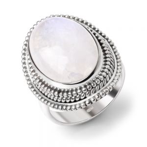 SUVANI Sterling Silver White Moonstone Oval Shaped Dots & Rope Edge Large Cocktail Ring Size 6 ,7 ,8
