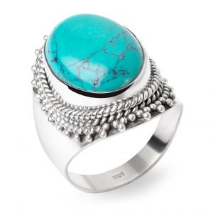SUVANI Sterling Silver Reconstituted Turquoise Oval Shaped Double Rope Edge Large Band Ring Size 6 ,7 ,8