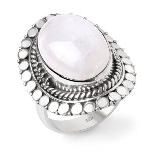 SUVANI Sterling Silver White Moonstone Oval Shaped Rope Edge Large Women Cocktail Ring Size 6 ,7 ,8