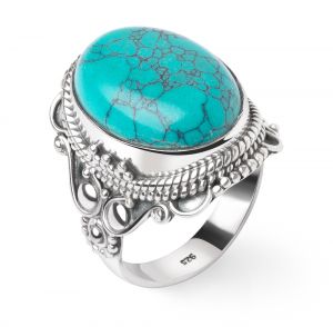 SUVANI Sterling Silver Reconstituted Turquoise Oval Shaped Rope Edge Detailed Vintage Ring Size 6 ,7 ,8