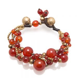 SUVANI Natural Red Carnelian Gemstones Round Beads Brass Multi Strands Boho Women Bracelet 7 - 7.5"