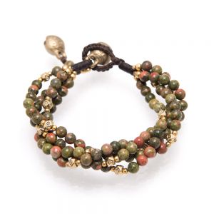 Natural Green Unakite Jasper Gemstones Brass Jingle Bell Multi Strand Beaded Bracelet 7-7.5 inches