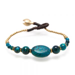 Natural Greenish Blue Chrysocolla Gemstone Brass Jingle Bells Beads Boho Beaded Bracelet 7"