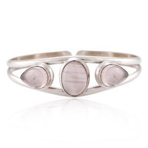 925 Sterling Silver Natural Pink Rose Quartz Gemstones Triple (3) Three Stones Women Cuff Bracelet