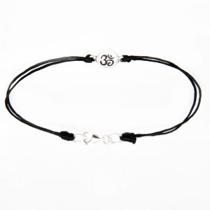 925 Sterling Silver Meditation Yoga Om, Ohm, Aum, Sanskrit Charm Black Wax Cord Bracelet 7 inches