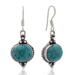 SUVANI 925 Sterling Silver Blue Turquoise Gemstone Indian Inspired Vintage Oval Dangle Hook Earrings 1.5"