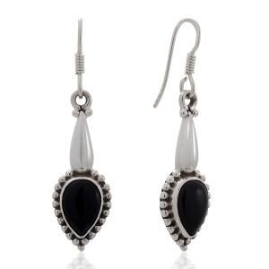 925 Sterling Silver Natural Black Onyx Gemstones Teardrop Vintage Design Dangle Hook Earrings 1.6"