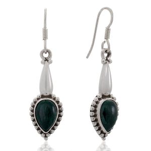925 Sterling Silver Green Malachite Gemstones Teardrop Vintage Design Dangle Hook Earrings 1.6"