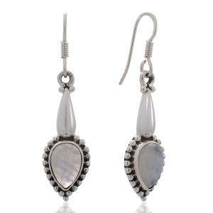 SUVANI 925 Sterling Silver White Moonstone Gemstones Teardrop Vintage Design Dangle Hook Earrings 1.6"