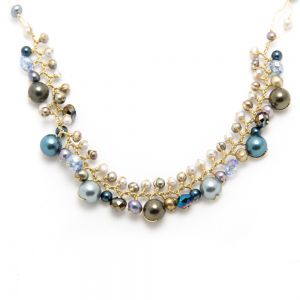 Handmade Blue Cultured Freshwater Pearl Crystal Beads Silk Thread Cluster Necklace 16"-18"