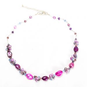 Silk Thread Purple Pink Cultured Freshwater Pearl Beads Crystal Cluster Necklace, 17"-19"