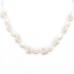White Cultured Freshwater Pearl Clear Crystal Beads Silk Tread Princess Length Necklace 17-19"