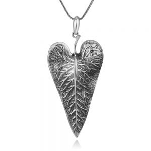 SUVANI 925 Sterling Silver Antique Sacred Bodhi Tree Leaf Bo Peepal Buddha Long Pendant Necklace 18"