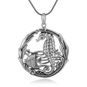 SUVANI Sterling Silver Antique Filigree Underwater Fish Seahorse Ocean Sea Round Pendant Necklace 18"