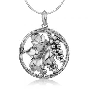 SUVANI 925 Sterling Silver Antique Grapes Vineyard Leaves Cut Open Round Pendant Necklace, 18 inches