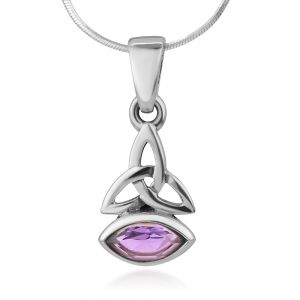 SUVANI Sterling Silver Triquetra Trinity Celtic Knot Purple Amethyst Gemstone Pendant Necklace 18"