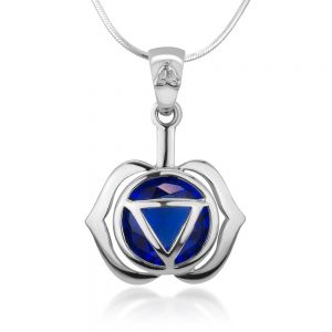 SUVANI Sterling Silver Ajna Third Eye Chakra Reiki Kundalini Symbol Navy Blue Glass Pendant Necklace 18"