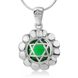 SUVANI 925 Sterling Silver Anahata Heart Chakra Reiki Kundalini Symbol Green Glass Pendant Necklace 18"