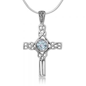 SUVANI Sterling Silver Natural Blue Topaz Gemstone Celtic Cross Knot Unisex Pendant Necklace, 18"