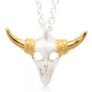 Bull Horn Skull Head 2 Tone Charm Pendant Necklace 18.5 inches