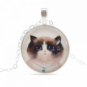 Cute Cat Blue Collar Glass Cabochon Art Vintage Pendant Necklace Adjustable Link Chain 20-22 in
