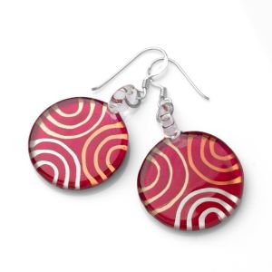 925 Sterling Silver Hand Painted Murano Glass Red Multi Ciricles Round Dangle Hook Earrings 1.8"