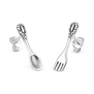SUVANI 925 Oxidized Sterling Silver Vintage Tiny Little Spoon and Fork Post Stud Earrings 19 mm