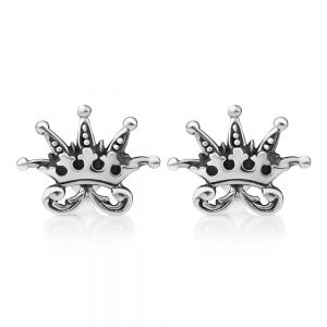 SUVANI Oxidized Sterling Silver Detailed Vintage Little Princess Crown Shaped Post Stud Earrings 10 mm