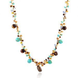 Genuine Blue Turquoise and Tiger Eye Gemstone Beads Crystal Cluster Necklace, 16-18 inches