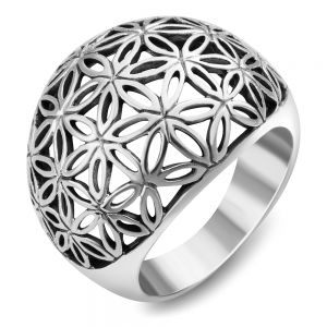 925 Sterling Silver Open Filigree Flower of Life Symbol Dome Shape Mandala Wide Band Ring