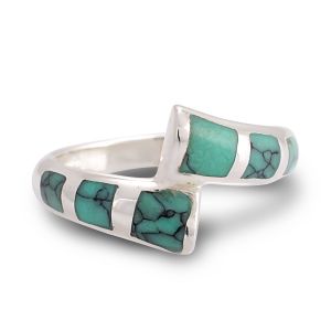 925 Sterling Silver Wrap Inlay Blue Turquoise Stone Square Stackable Band Ring  Size 6, 7, 8