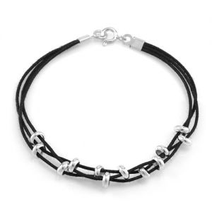 SUVANI 925 Sterling Silver and Black Cotton Cord Ring Beads 3-Strand Bracelet