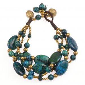 Brass and Genuine Blue Green Chrysocolla Gemstone Multi Strands Bracelet