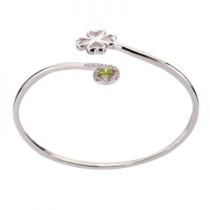 Stainless Steel Real Irish Four Leaf Clover Good Luck Symbol Heart Shaped Leaf CZ Cuff Bracelet