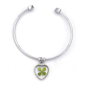 Stainless Steel Real Four Leaf Clover Good Luck Symbol Dangling Clear Heart Cuff Bracelet
