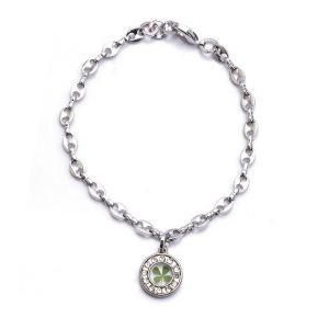 Stainless Steel Real Four Leaf Clover Good Luck Symbol White Crystal Round Charm Bracelet 7''-7.5''
