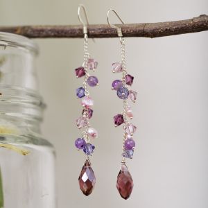 SUVANI 925 Sterling Silver Lavender Purple Swarovski Crystal Beads Long Drop Dangle Earrings