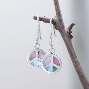 925 Sterling Silver Multi-Colored Mother of Pearl Shell Peace Sign Round Dangle Hook Earrings