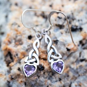 SUVANI 925 Sterling Silver Celtic Knot Purple Amethyst Gemstone Heart Drop Dangle Hook Earrings