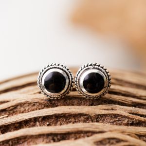 925 Sterling Silver Bali Inspired Tiny Black Onyx Gemstone Braided Round 9 mm Post Stud Earrings