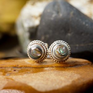 SUVANI 925 Sterling Silver Bali Inspired Tiny Green Abalone Shell Braided Round 9 mm Post Stud Earrings