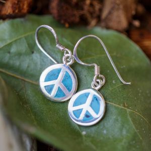 SUVANI Sterling Silver Blue Turquoise Stone Peace Sign Round Dangle Hook Earrings