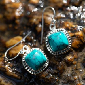 SUVANI Sterling Silver Blue Turquoise Gemstone Dotted Edge Square Dangle Hook Earrings 1.2"