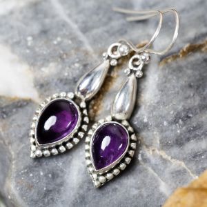 SUVANI 925 Sterling Silver Purple Amethyst Gemstones Teardrop Vintage Design Dangle Hook Earrings 1.6"